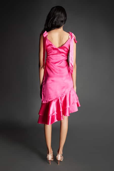 Shop Emblaze Pink Modal, Satin V-neck Ruffled Dress With Shoulder Tie-up at Aza Fashions Shop_Emblaze_Pink Modal, Satin V-neck Ruffled Dress With Shoulder Tie-up _at_Aza_Fashions