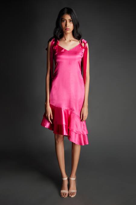 Buy Emblaze Pink Modal, Satin V-neck Ruffled Dress With Shoulder Tie-up Online at Aza Fashions Buy_Emblaze_Pink Modal, Satin V-neck Ruffled Dress With Shoulder Tie-up _Online_at_Aza_Fashions