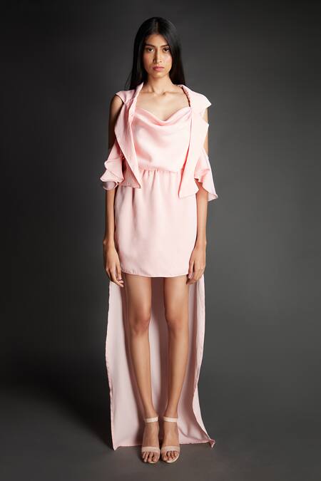 Buy_Emblaze_Pink Crepe Cowl , Open Baby High-low Jacket And Dress Set _Online_at_Aza_Fashions