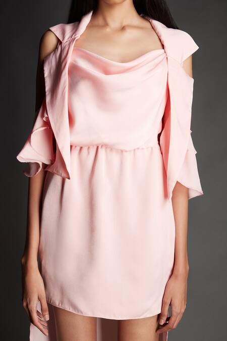 Emblaze_Pink Crepe Cowl , Open Baby High-low Jacket And Dress Set _at_Aza_Fashions