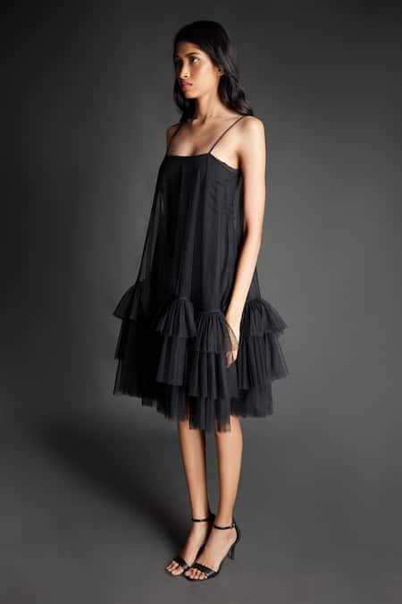 Emblaze_Black Tulle Open Neck Ruffled Dress _Online_at_Aza_Fashions