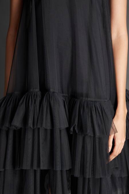 Buy_Emblaze_Black Tulle Open Neck Ruffled Dress _Online_at_Aza_Fashions