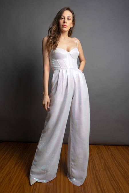 Emblaze_White Georgette Sequins Sweetheart Neck Corset Jumpsuit _at_Aza_Fashions