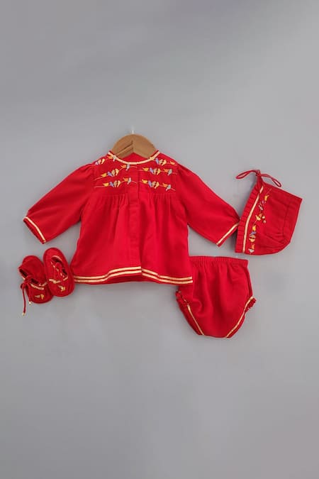 LITTLE BRATS Red Cotton Embroidery Bird Jhabla Set 
