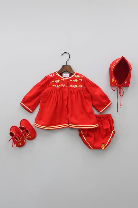 Shop Little Brats Red Cotton Embroidery Bird Jhabla Set at Aza Fashions Shop_Little Brats_Red Cotton Embroidery Bird Jhabla Set _at_Aza_Fashions