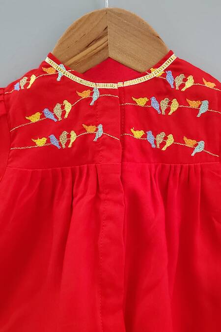 Little Brats Red Cotton Embroidery Bird Jhabla Set Online at Aza Fashions Little Brats_Red Cotton Embroidery Bird Jhabla Set _Online_at_Aza_Fashions