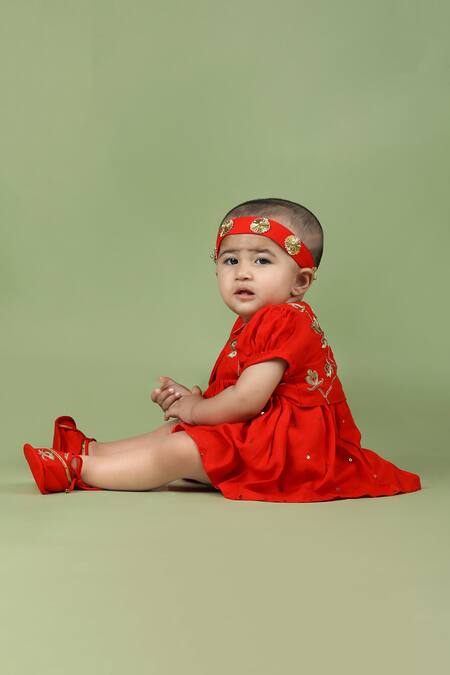 Shop Little Brats Red Cotton Embroidery Flower Baby Outfit Online at Aza Fashions Shop_Little Brats_Red Cotton Embroidery Flower Baby Outfit _Online_at_Aza_Fashions