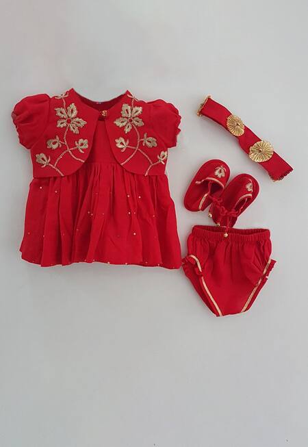 Little Brats Red Cotton Embroidery Flower Baby Outfit at Aza Fashions Little Brats_Red Cotton Embroidery Flower Baby Outfit _at_Aza_Fashions