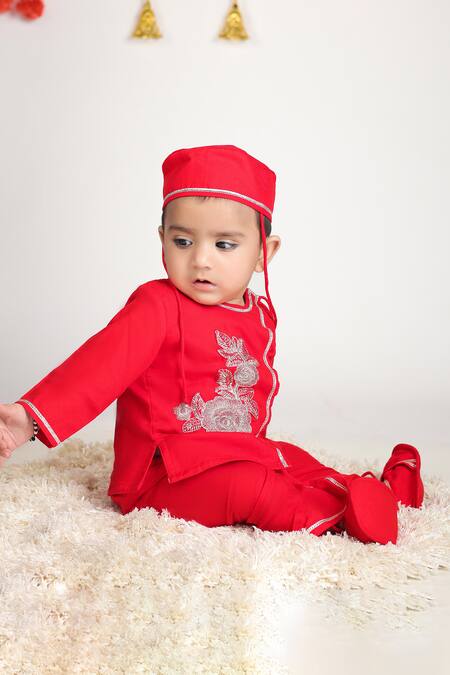 Shop Little Brats Red Cotton Embroidery Designer Kurta Set For Boys Online at Aza Fashions Shop_Little Brats_Red Cotton Embroidery Designer Kurta Set For Boys _Online_at_Aza_Fashions