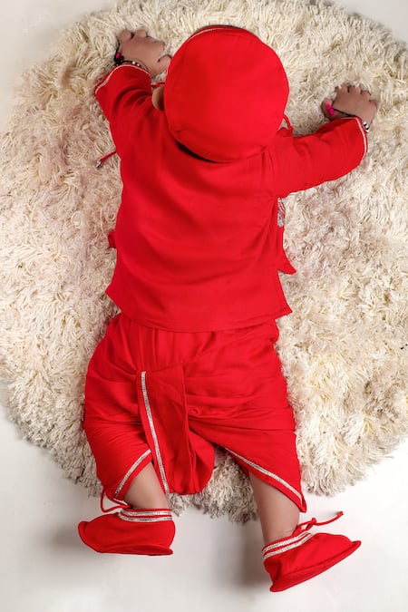 Shop Little Brats Red Cotton Embroidery Designer Kurta Set For Boys at Aza Fashions Shop_Little Brats_Red Cotton Embroidery Designer Kurta Set For Boys _at_Aza_Fashions