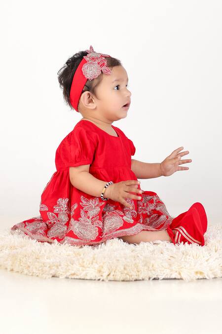 Little Brats_Red Cotton Embroidery, Bows Floral Frock Set For Girls _Online_at_Aza_Fashions