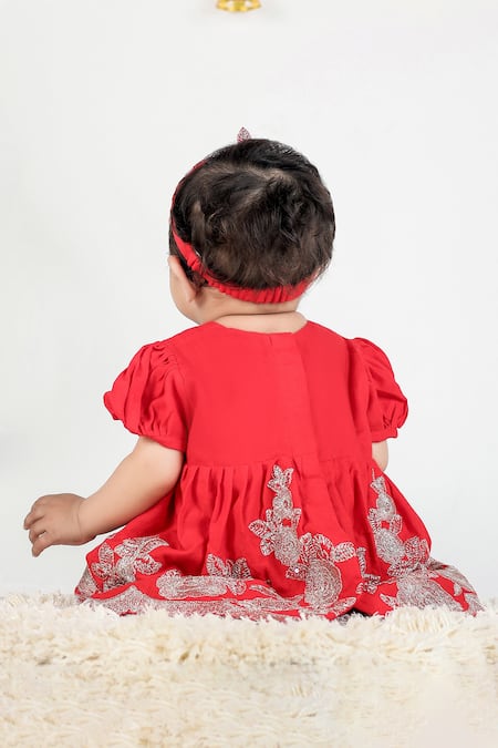 Little Brats Red Floral Frock Set for Girls 