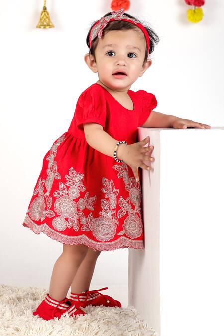 Buy_Little Brats_Red Cotton Embroidery, Bows Floral Frock Set For Girls _Online_at_Aza_Fashions