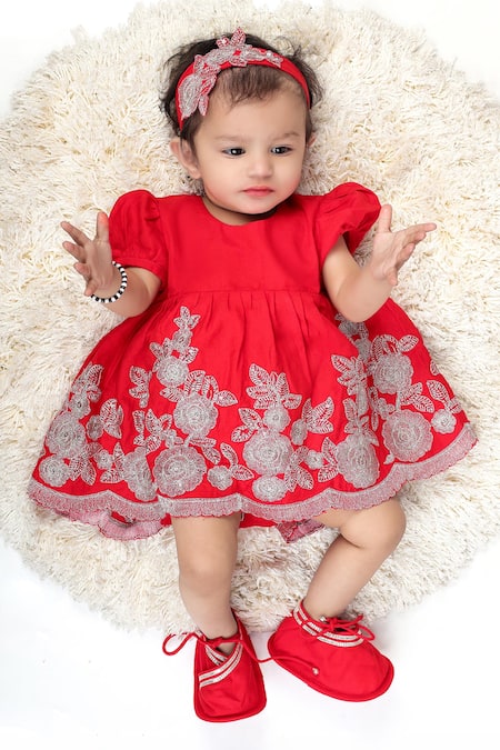 LITTLE BRATS Red Cotton Embroidery, Bows Floral Frock Set For Girls 