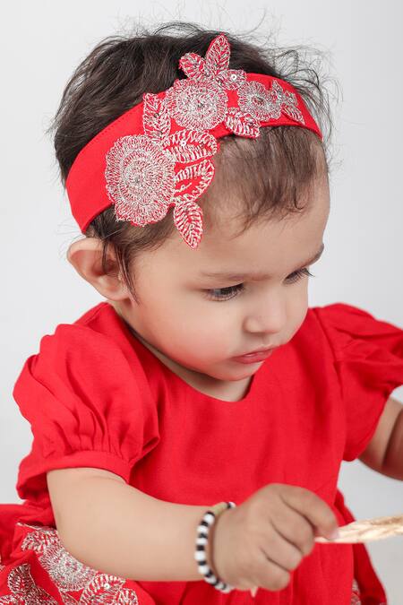 Shop_Little Brats_Red Cotton Embroidery, Bows Floral Frock Set For Girls _Online_at_Aza_Fashions