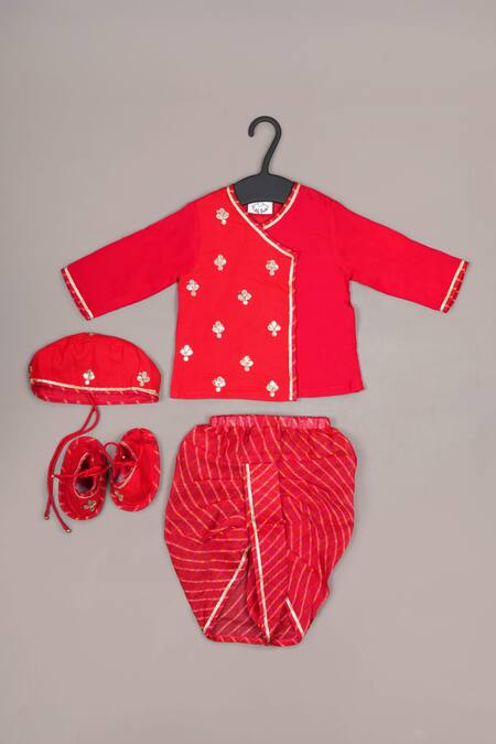 Buy_Little Brats_Red Cotton Embroidery Floral Boys Kurta Set _Online_at_Aza_Fashions