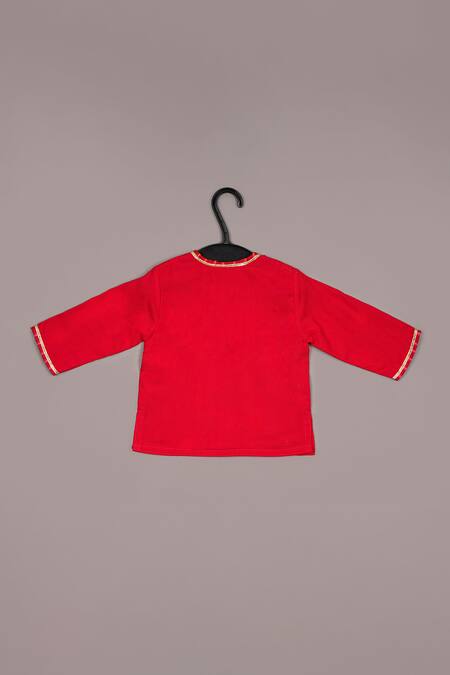 Shop_Little Brats_Red Cotton Embroidery Floral Boys Kurta Set _Online_at_Aza_Fashions
