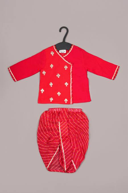 Shop_Little Brats_Red Cotton Embroidery Floral Boys Kurta Set 