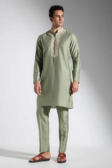 Neha Gursahani_Green Silk Embroidery Designer Spun Kurta Pant Set _Online_at_Aza_Fashions