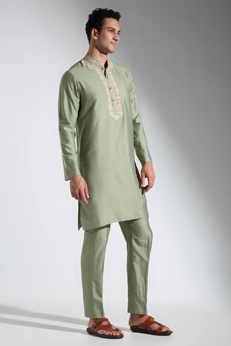 Buy_Neha Gursahani_Green Silk Embroidery Designer Spun Kurta Pant Set _Online_at_Aza_Fashions