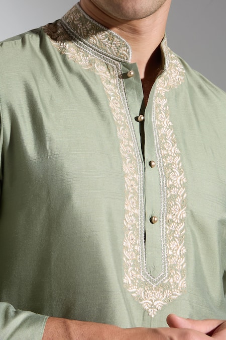 Buy_Neha Gursahani_Green Silk Embroidery Designer Spun Kurta Pant Set 