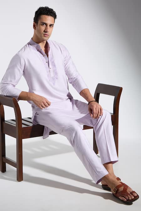 Buy_Neha Gursahani_Purple Silk Embroidery Kurta Pant Set _Online_at_Aza_Fashions