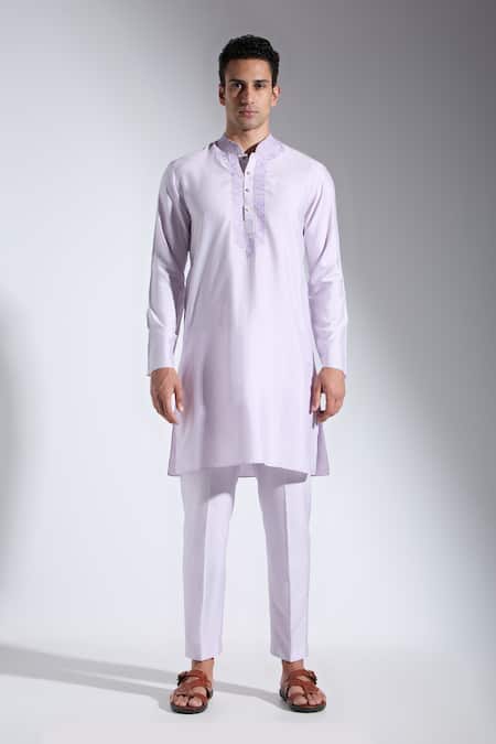 Shop_Neha Gursahani_Purple Silk Embroidery Kurta Pant Set _Online_at_Aza_Fashions