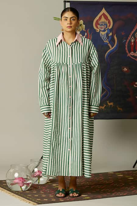 Quod Multi Color Cotton Collared Striped Streams Dress 