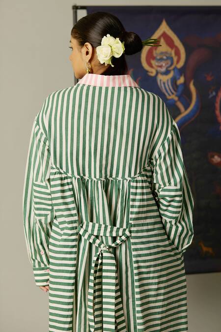 Quod_Multi Color Cotton Collared Striped Streams Dress _at_Aza_Fashions