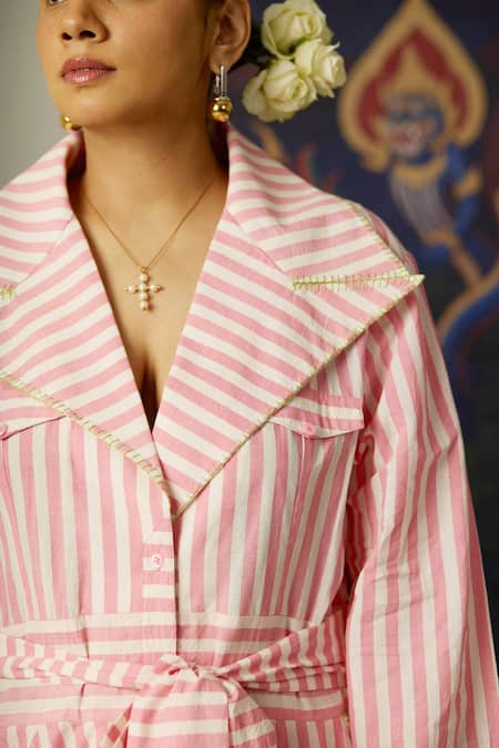 Buy Quod Pink Cotton Collared Tide Trench Dress Buy_Quod_Pink Cotton Collared Tide Trench Dress