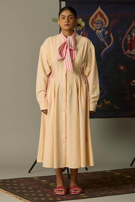 Quod Yellow Cotton Embroidery Collared Striped Coast Dress With Bow Tie 