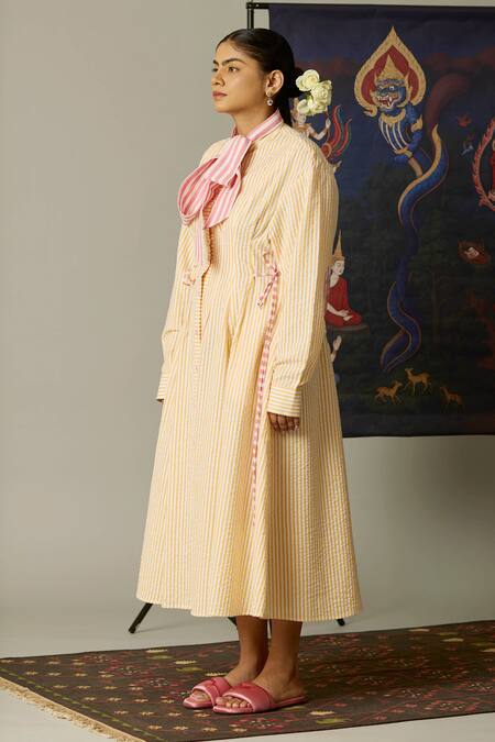 Quod_Yellow Cotton Embroidery Collared Striped Coast Dress  _Online_at_Aza_Fashions