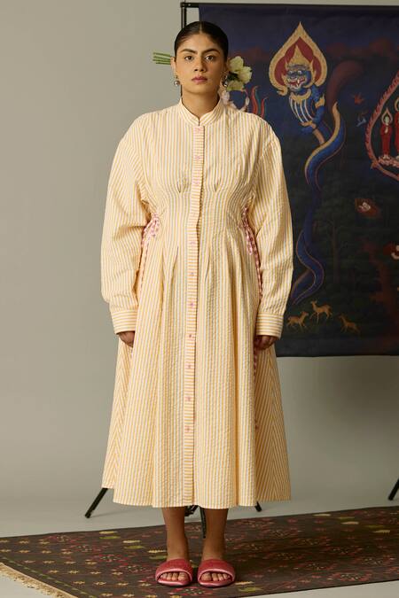 Buy_Quod_Yellow Cotton Embroidery Collared Striped Coast Dress  _Online_at_Aza_Fashions