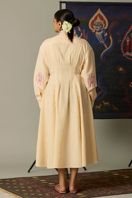 Shop_Quod_Yellow Cotton Embroidery Collared Striped Coast Dress  _at_Aza_Fashions