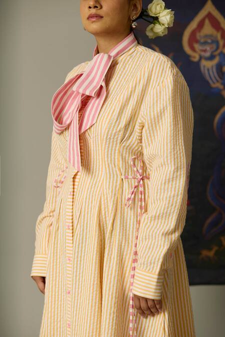 Shop_Quod_Yellow Cotton Embroidery Collared Striped Coast Dress  _Online_at_Aza_Fashions