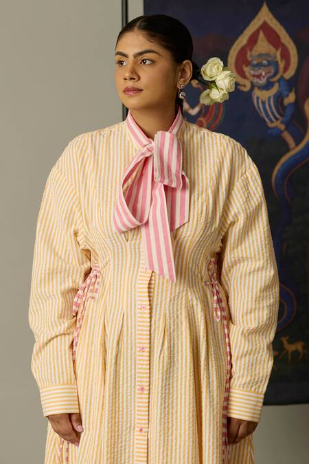 Quod_Yellow Cotton Embroidery Collared Striped Coast Dress  _at_Aza_Fashions