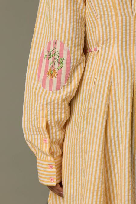 Buy_Quod_Yellow Cotton Embroidery Collared Striped Coast Dress  