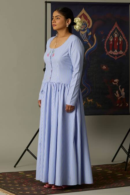 Quod Blue Cotton Embroidery Round Neck Striped Brooks Dress Online at Aza Fashions Quod_Blue Cotton Embroidery Round Neck Striped Brooks Dress _Online_at_Aza_Fashions
