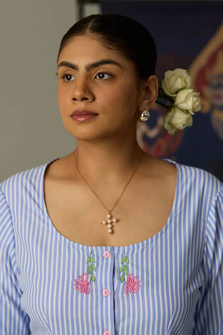 Buy Quod Blue Cotton Embroidery Round Neck Striped Brooks Dress Online at Aza Fashions Buy_Quod_Blue Cotton Embroidery Round Neck Striped Brooks Dress _Online_at_Aza_Fashions