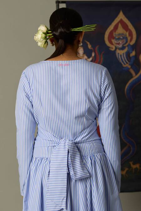 Shop Quod Blue Cotton Embroidery Round Neck Striped Brooks Dress Online at Aza Fashions Shop_Quod_Blue Cotton Embroidery Round Neck Striped Brooks Dress _Online_at_Aza_Fashions
