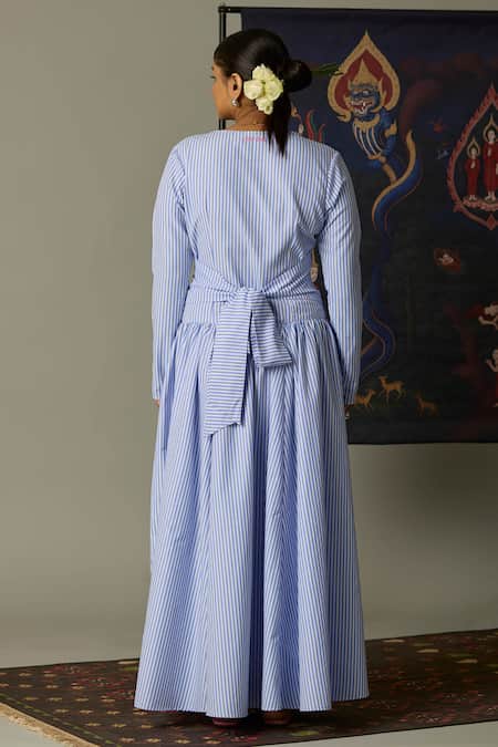 Shop Quod Blue Cotton Embroidery Round Neck Striped Brooks Dress at Aza Fashions Shop_Quod_Blue Cotton Embroidery Round Neck Striped Brooks Dress _at_Aza_Fashions