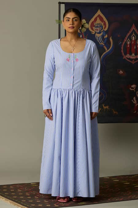 Quod Blue Cotton Embroidery Round Neck Striped Brooks Dress 