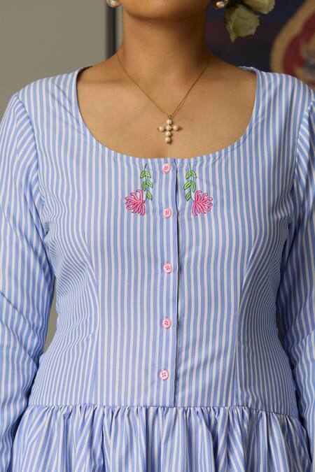 Quod Blue Cotton Embroidery Round Neck Striped Brooks Dress at Aza Fashions Quod_Blue Cotton Embroidery Round Neck Striped Brooks Dress _at_Aza_Fashions