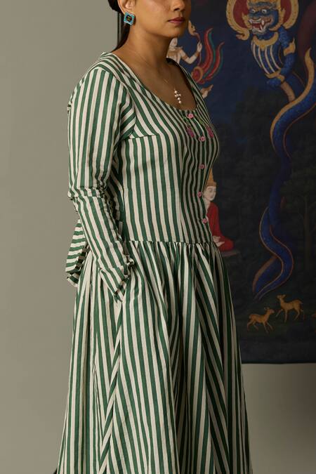 Buy_Quod_Green Cotton Embroidery Scoop Neck Striped Brooks Dress _Online_at_Aza_Fashions