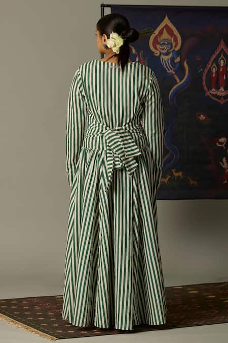 Shop_Quod_Green Cotton Embroidery Scoop Neck Striped Brooks Dress _at_Aza_Fashions