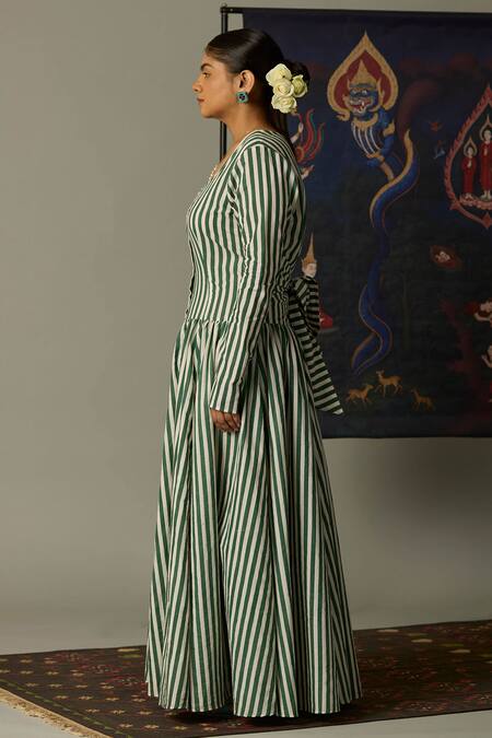 Shop_Quod_Green Cotton Embroidery Scoop Neck Striped Brooks Dress _Online_at_Aza_Fashions