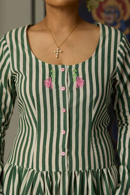 Quod_Green Cotton Embroidery Scoop Neck Striped Brooks Dress _at_Aza_Fashions