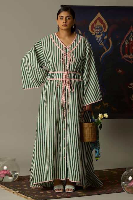 Quod Green Cotton V-neck Striped Drift Kaftan Dress 