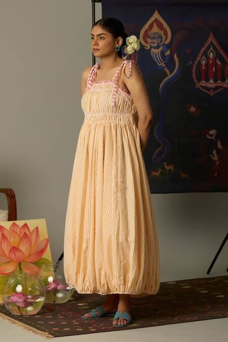 Buy_Quod_Yellow Cotton Open Neck Shell Dress With Striped Pattern_Online_at_Aza_Fashions