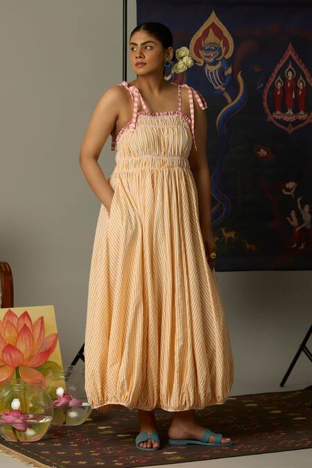 Shop_Quod_Yellow Cotton Open Neck Shell Dress With Striped Pattern_Online_at_Aza_Fashions